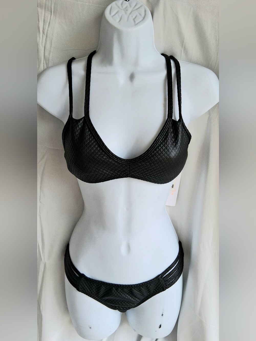 Pilyq Black Textured Faux Leather Swimwear  Bikini Set Sz S NWT